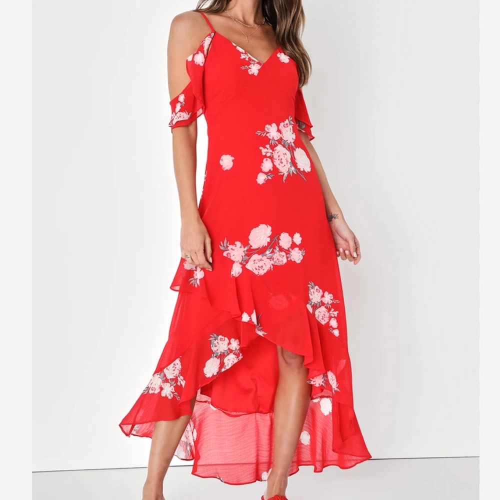 Lulu's Red Floral Cold-Shoulder High-Low Maxi Dress